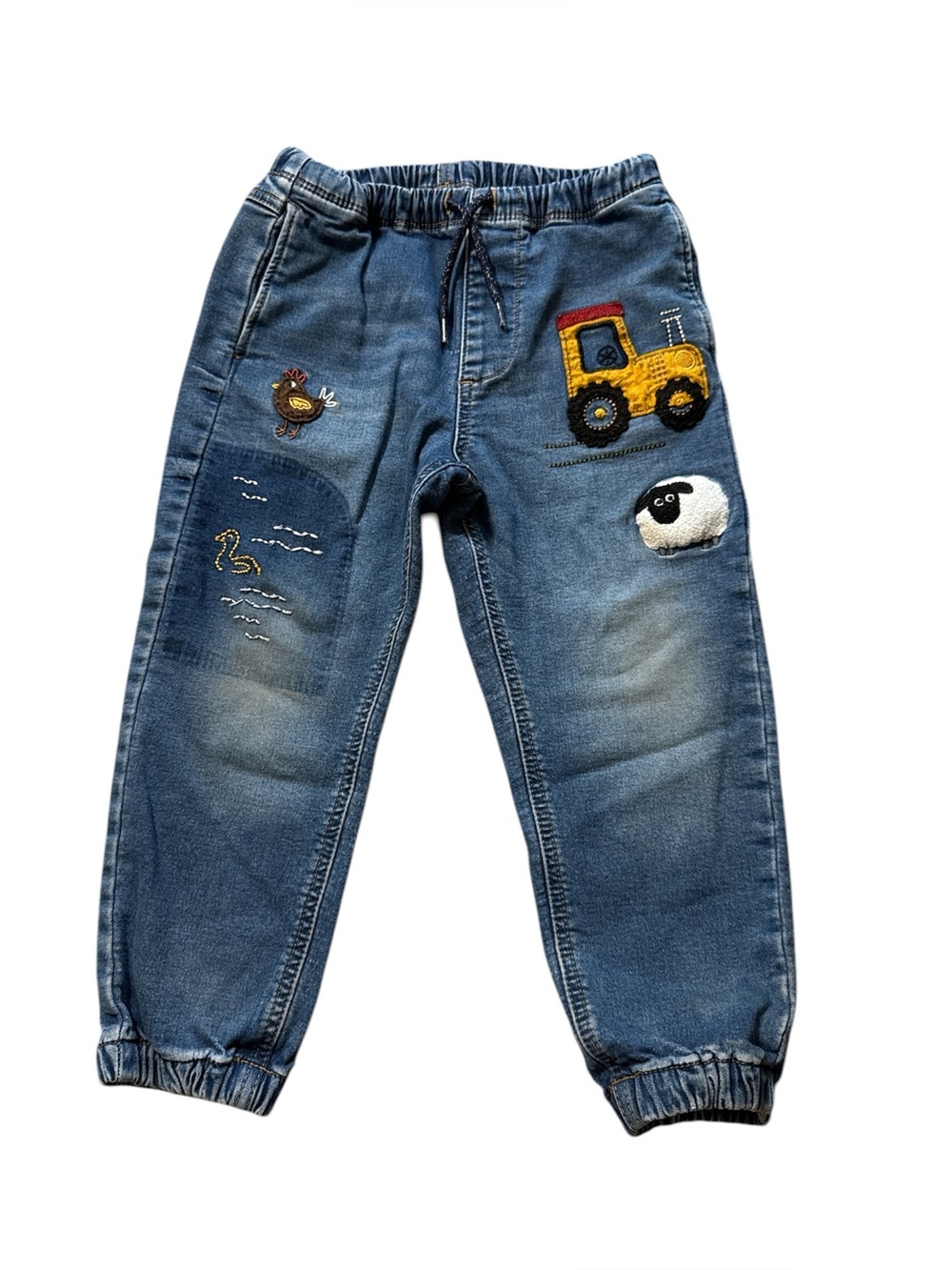 Next Kids Boys Blue Denim Jogger Pants with Farm Tractor & Sheep Appliqués 4T